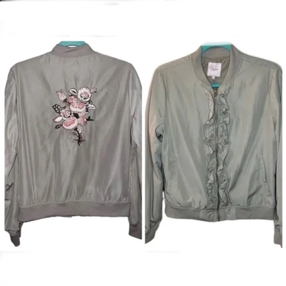Candies Tan Ruffled Floral Embroidered Cropped Bomber Jacket Size M - Picture 1 of 12